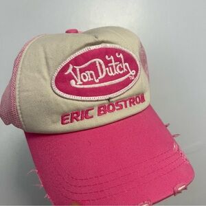 90s Y2K Von Dutch x Eric Bostrom Pink and Off-White Distressed Trucker Hat
